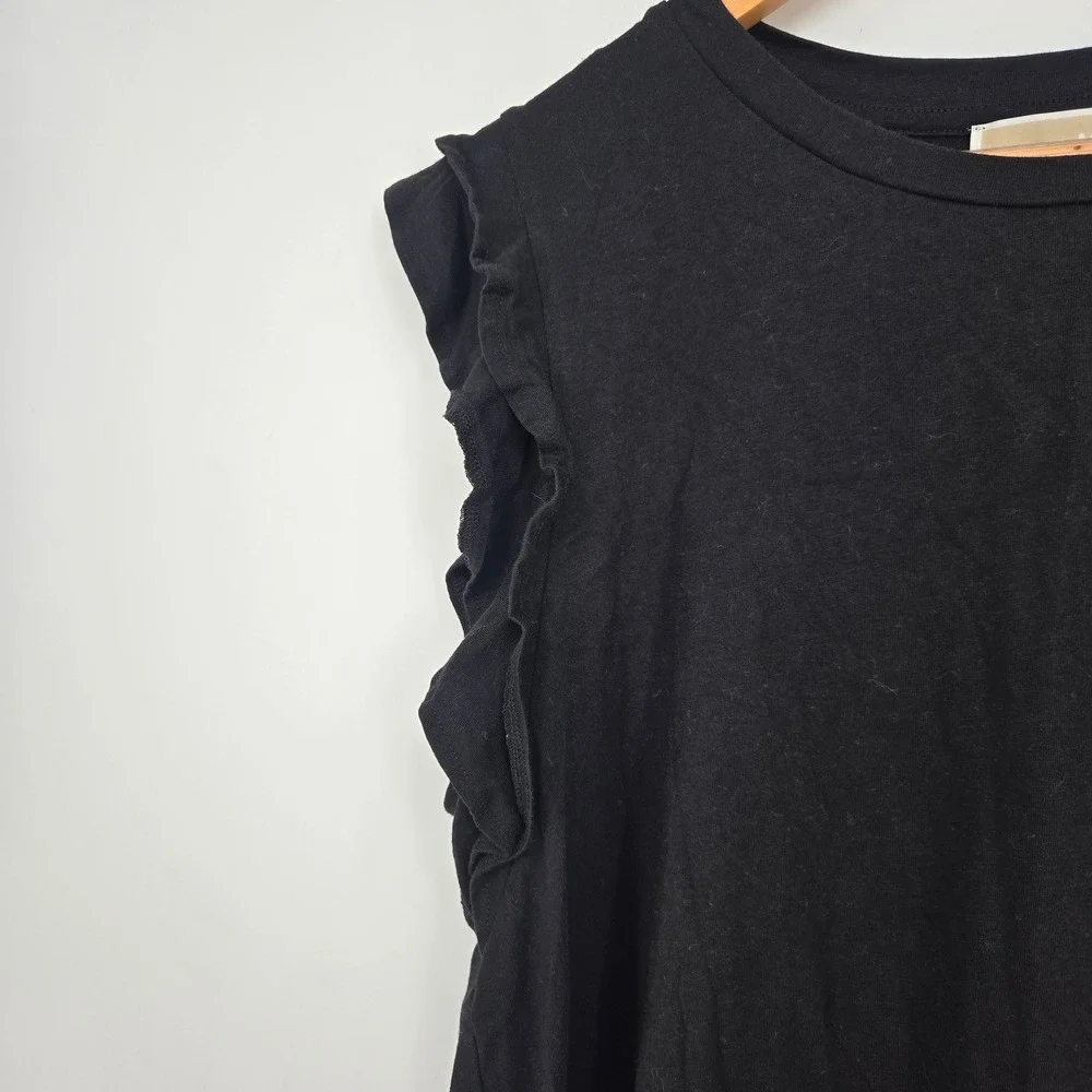 Michael Kors Cotton/Modal Sleeveless Black Tee T Shirt Ruffle Logo Womens L